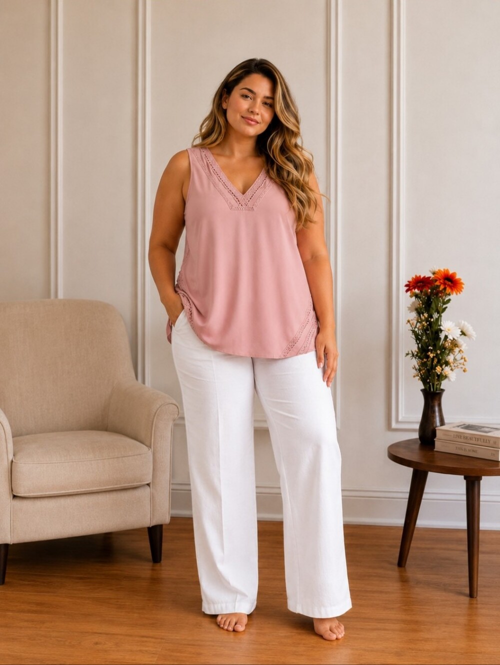 Penningtons | Plus Size Dusty Pink Sleeveless V-Neck Blouse Embroidered Trim 1X